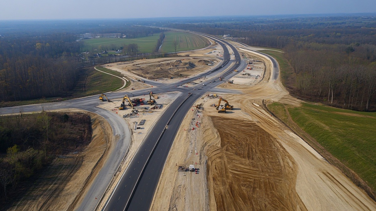 Vue aérienne de construction d'une autoroute - Illustration L’urbanisation des terres au plus bas depuis 30 ans