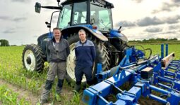 Deux personnes devant un tracteur dans un champ de maïs.
