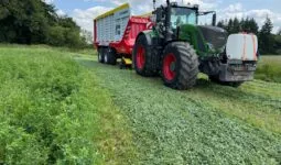 Un tracteur équipée d'un remorque autochargeuse dans une parcelle de luzerne