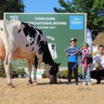 Un homme, deux enfants et une vache lors de la remise des prix d'un concours bovin