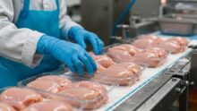 Gros plan sur une chaine de production de mise en barquette de filets de poulet