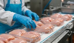 Gros plan sur une chaine de production de mise en barquette de filets de poulet