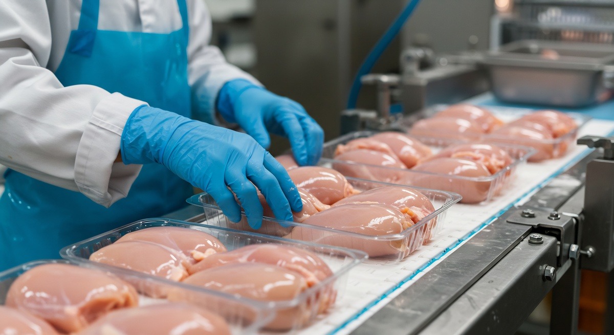 Gros plan sur une chaine de production de mise en barquette de filets de poulet - Illustration Évolution des prix et marges en 2024 : Contrastes selon les filières