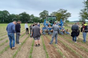 des agriculteurs assistent à une démonstration de désherbage mécanique
