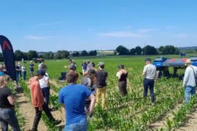 Une foule dans un champ lors d'une démonstration de matériel agricole