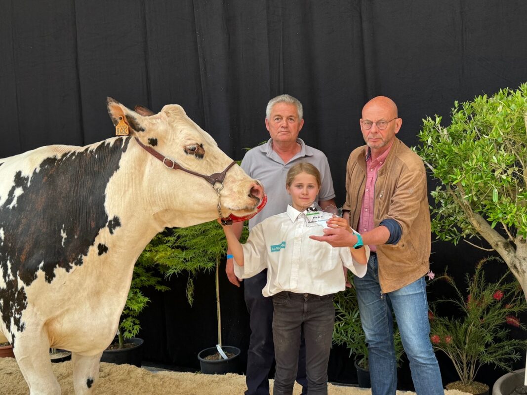 Jérôme Béchu remet le prix de Meilleure fromagère à Holandaise (Bugatin x Chesnay) appartenant au Gaec de l’élevage Lamour à Ploubezre (22)