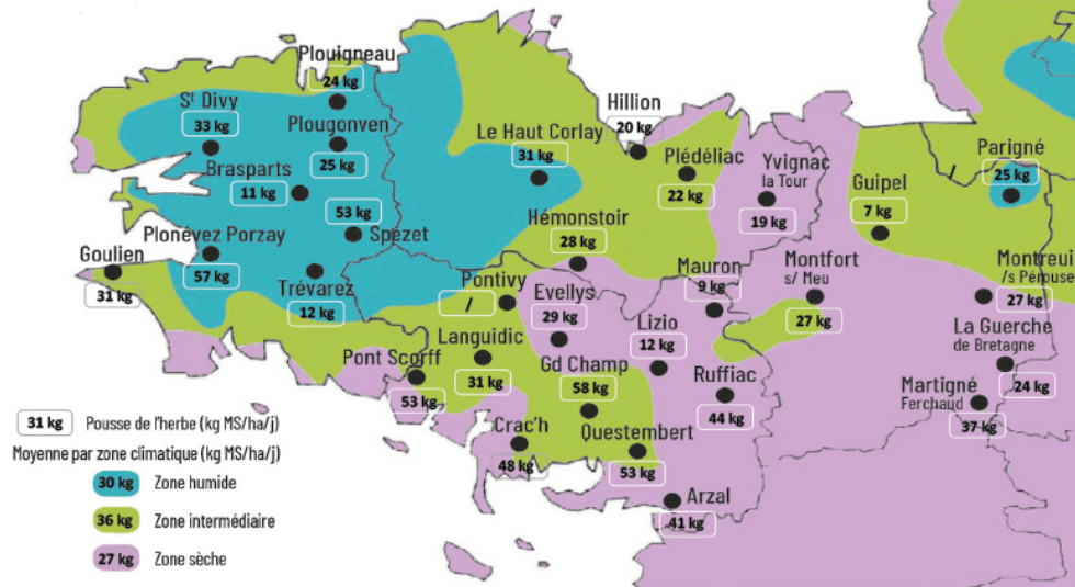 carte de la pousse de l'herbe en bretagne du 27 mai au 2 juin 2025 - Illustration Observatoire des fourrages Bretagne : 31 kg MS/ha/jour