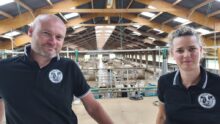 Deux personnes dans un bâtiment vaches laitères