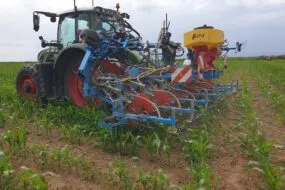 Un tracteur au champ lors d'une opération de désherbage de maïs