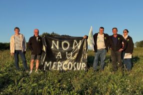 Des syndicalistes manifestant contre les accords entre l'Europe et le Mercosur.