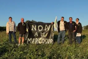 Des syndicalistes manifestant contre les accords entre l'Europe et le Mercosur.