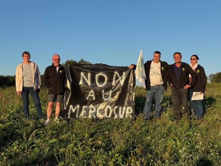 Des syndicalistes manifestant contre les accords entre l'Europe et le Mercosur.