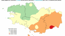 Carte de la Bretagne avec un code couleur pour les périodes de floraison du maïs
