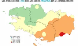 Carte de la Bretagne avec un code couleur pour les périodes de floraison du maïs