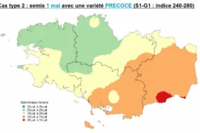 Carte de la Bretagne avec un code couleur pour les périodes de floraison du maïs