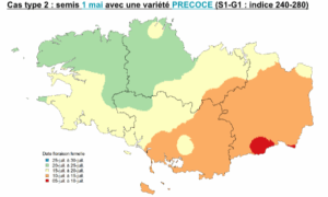 Carte de la Bretagne avec un code couleur pour les périodes de floraison du maïs