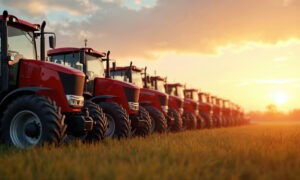 tracteurs rouges alignés