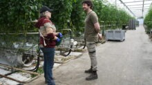 Deux personnes parlent dans un serre