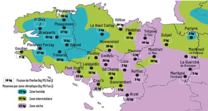carte de la pousse de l'herbe en bretagne du 1er au 7 juillet