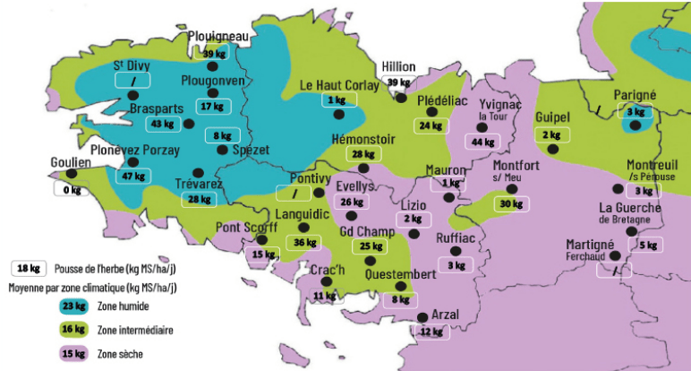 carte de la pousse de l'herbe en bretagne du 1er au 7 juillet - Illustration Observatoire des fourrages Bretagne : 18 kg MS/ha/jour