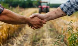 Une poignée de main dans un champ de culture avec un tracteur qui arrive dans le fond