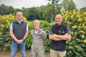trois personnes debout devant un massif de fleurs