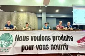 Cinq personnes à la tribune de la FDSEA