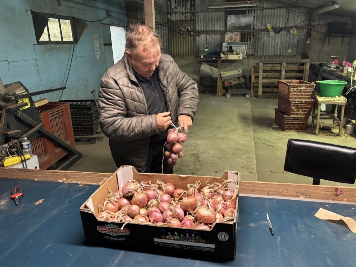 Un homme qui tresse des oignons