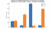 Graphique du nombre de cheptels atteints par la FCO selon le sérotype au 13 août 2025
