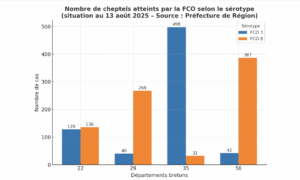 Graphique du nombre de cheptels atteints par la FCO selon le sérotype au 13 août 2025