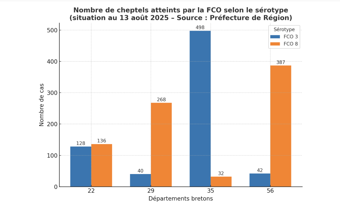 Graphique du nombre de cheptels atteints par la FCO selon le sérotype au 13 août 2025 - Illustration Il n’est pas trop tard pour vacciner