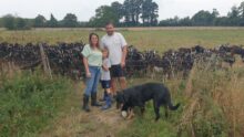 Un couple et un enfant au milieu d'un troupeau de chèvre dans un champ