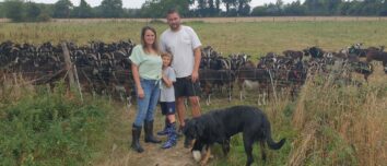 Un couple et un enfant au milieu d'un troupeau de chèvre dans un champ