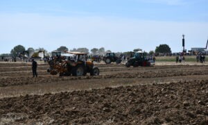 Un tracteur dans un champ en train de labourer