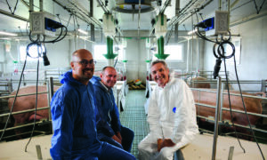 Un éleveur et des techniciensdans un bâtiment d'élevage de porc