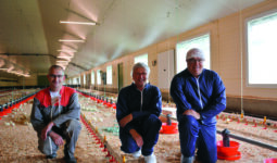 Un eleveur et des techniciens dans un poulailler