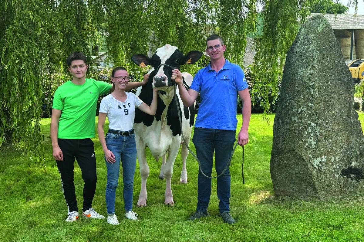 Deux hommes et une femme avec une vache de race Holstein - Illustration Roller veut glisser vers le ring du Space