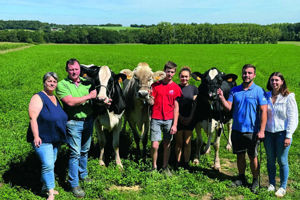Une famille d'éleveurs présente deux vaches Holstein et une vache Brune.  - Illustration La passion des concours partagée en famille