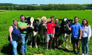 Une famille d'éleveurs présente deux vaches Holstein et une vache Brune.