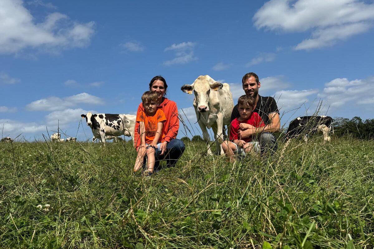 Un couple et 2 enfants assis dans un champ avec des vaches autour - Illustration Au cœur des élevages, entre passion et innovation