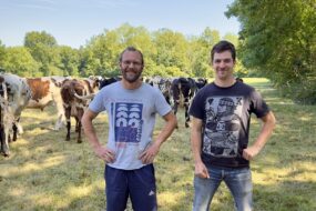 Des éleveurs dans une prairie avec des vaches en arrière plan