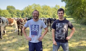 Des éleveurs dans une prairie avec des vaches en arrière plan