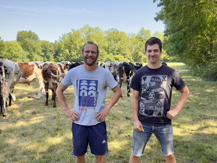 Des éleveurs dans une prairie avec des vaches en arrière plan