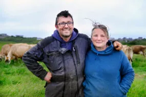 Un couple dans un champ avec des vaches