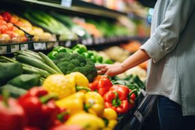 Un étal de légumes avec une personne en train de se servir