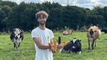 Un éleveur tenant quatre épis de maïs dans les mains devant des vaches dans une prairie