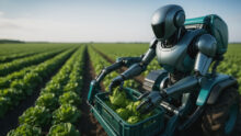 Un robot futuriste en train de travailler dans un champ