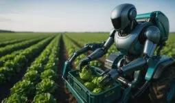 Un robot futuriste en train de travailler dans un champ
