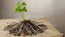 Une jeune plante avec des racines et un peu de terre, posés sur une table