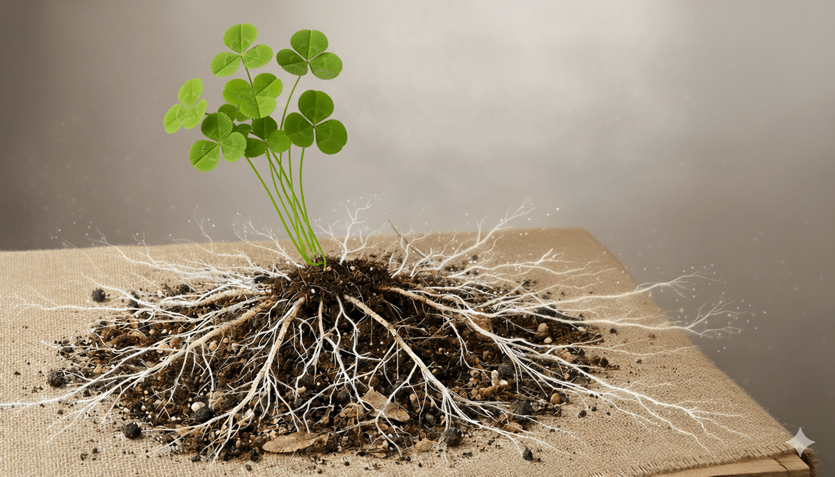 Une jeune plante avec des racines et un peu de terre, posés sur une table - Illustration Sous terre,  une alliance féconde